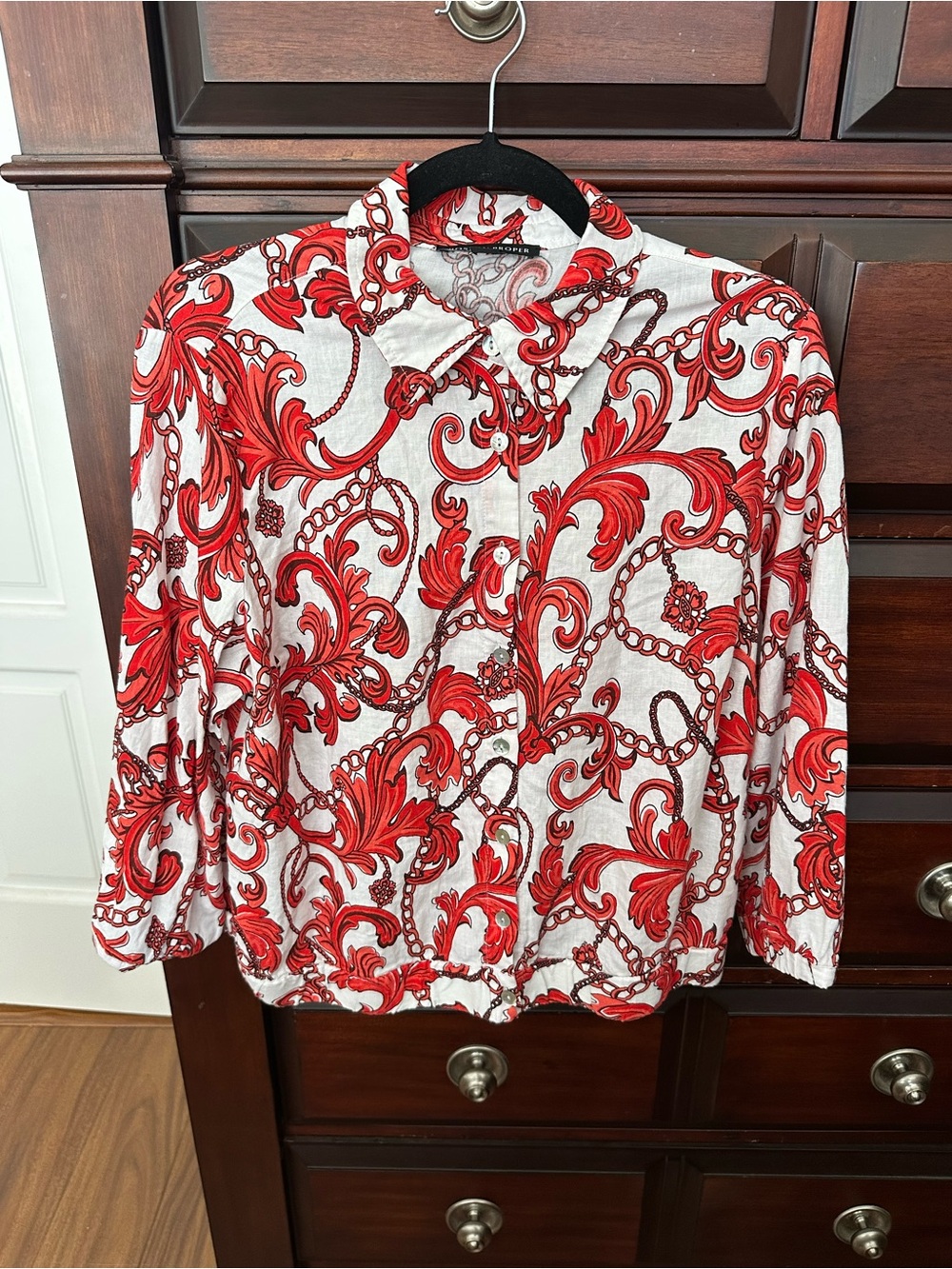Boston Proper Women’s Sz Large Linen Blend Red/ White Print 3/4 length